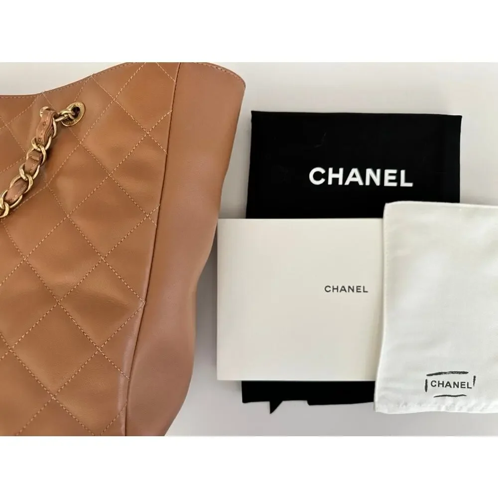 Chanel CC Chain Tote Quilted Leather Tan Brown Handle Purse Full Set & Box 2021
